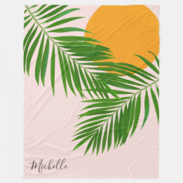 Retro Tropische Zonsondergang Palmbladeren Minimal Fleece Deken