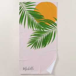 Retro Tropische Zonsondergang Palmbladeren Minimal Strandlaken