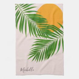 Retro Tropische Zonsondergang Palmbladeren Minimal Theedoek