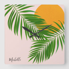 Retro Tropische Zonsondergang Palmbladeren Minimal Vierkante Klok
