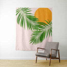Retro Tropische Zonsondergang Palmbladeren Minimal Wandkleed