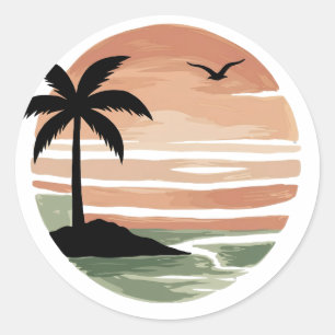Retro Tropische Zonsondergang Palmboom Ontwerp R Ronde Sticker