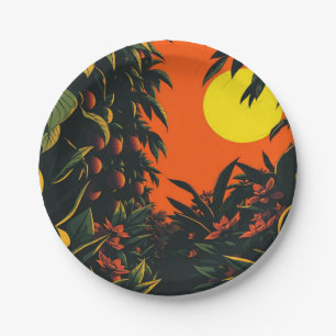 Retro Tropische Zonsondergang Tuin Botanische Kuns Papieren Bordje