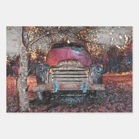Retro Truck Red Oranje Yellow Rustige Herfst Inpakpapier Vel (Voorkant)