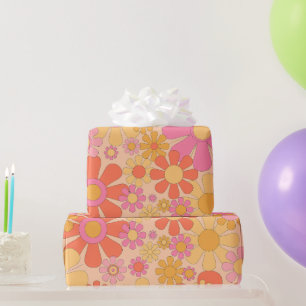Retro Tuin 60s 70s  Bloemen Strepen Roze Cadeaupapier