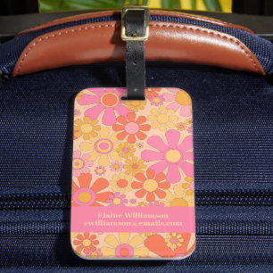 Retro Tuin Bloemen 60s 70s Bloemen Patroon Roze Bagagelabel