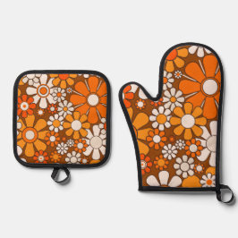 Retro Tuin Bloemen 60s 70s Patroon Bruin & Sinaasa Ovenwant & Pannenlap Set