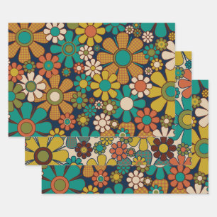 Retro Tuin Gingham Bloem 60s 70s Bloemen Patroon Inpakpapier Vel