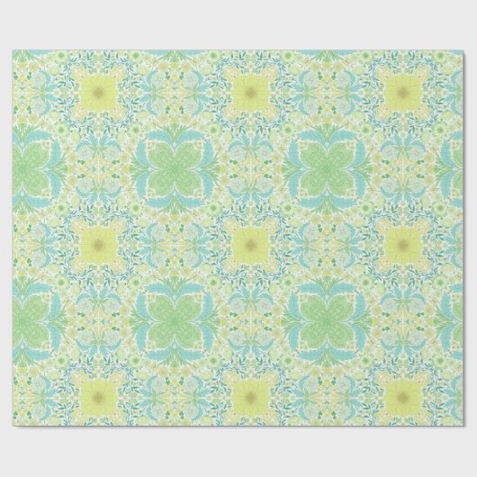 Retro tuinbloemen in groen en geel cadeaupapier (Vlak)