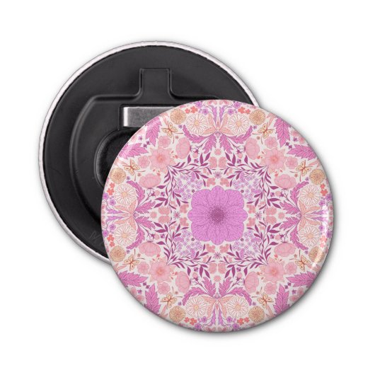 Retro tuinbloemen in roze button flesopener (Voorkant)