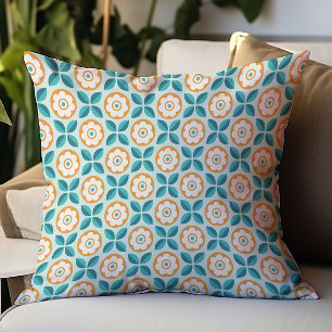 Retro Turkoois Aqua Oranje Bloem Motief Geometrisc Kussen