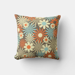 Retro Turquoise, Beige, Oranje Bloemen Sierkussen