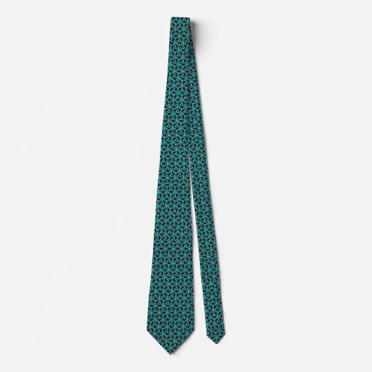Retro Turquoise Blue & Black Batik Flower Pattern Stropdas (Voorkant)