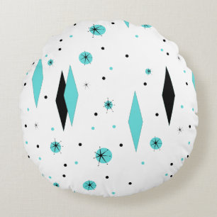 Retro Turquoise Diamanten & Starbursts Rond Kussen