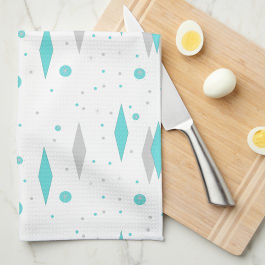 Retro Turquoise Diamond & Starburst Kitchen Towele Theedoek (Quarter Fold)