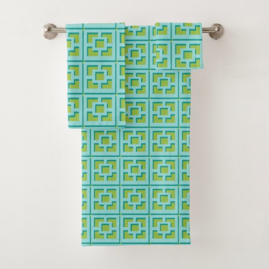Retro Turquoise en Green Trellis Towel Bad Handdoek (Insitu)