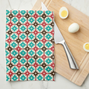 Retro Turquoise En Oranje Geometrisch Patroon Theedoek