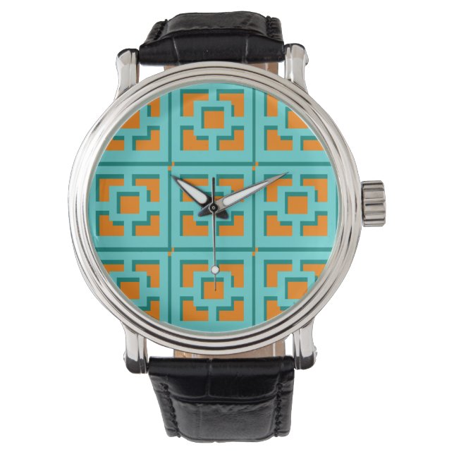 Retro Turquoise en Oranje Trellis eWatch Horloge (Voorkant)