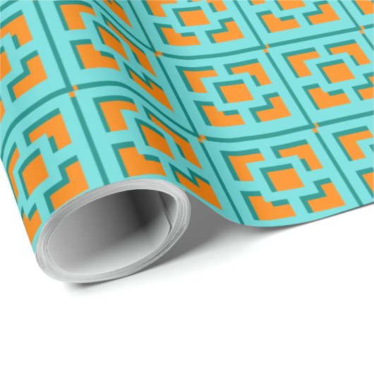 Retro Turquoise en Oranje Trellis Wrapping Paper Cadeaupapier (Rol Hoek)