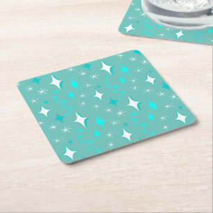 Retro turquoise en witte sterrenpatroon vierkante kartonnen onderzetter