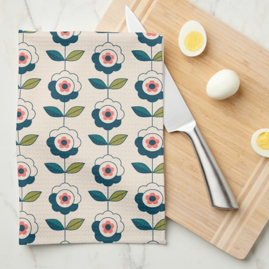 Retro Turquoise Floral Pattern Theedoek (Quarter Fold)