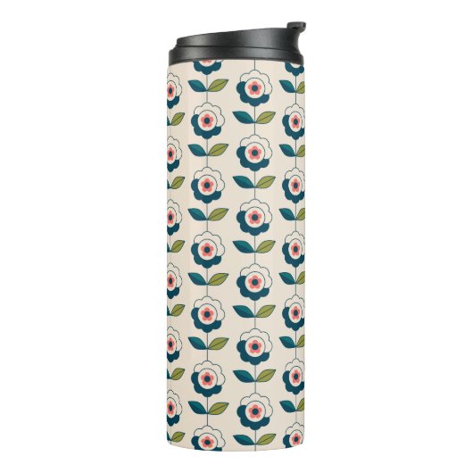 Retro Turquoise Floral Pattern Thermosbeker (Gedraaid links)