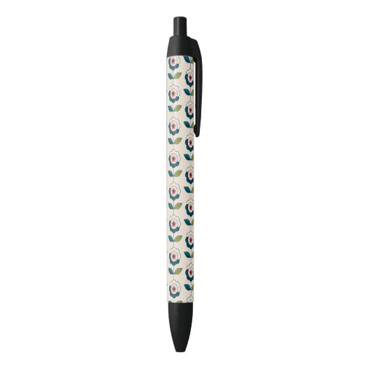 Retro Turquoise Floral Pattern Zwarte Inkt Pen (Achterkant (Verticaal))