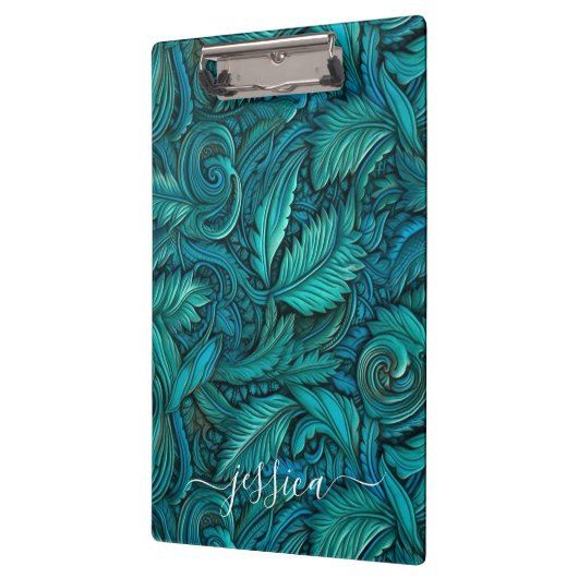 Retro turquoise gereedschappen leren scriptnaam klembord (Links)