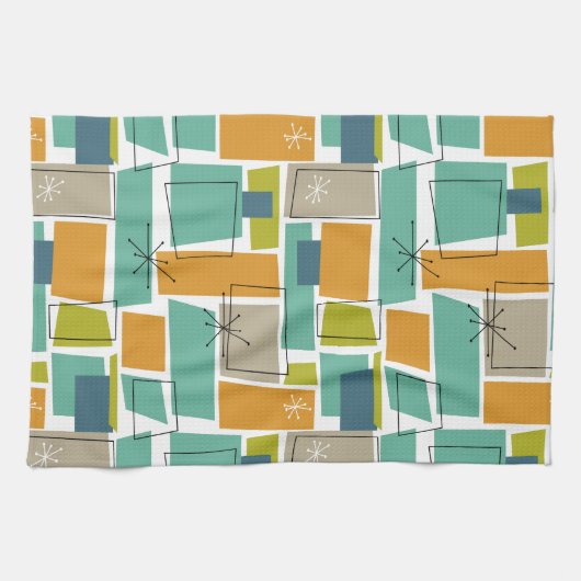 Retro Turquoise Groen Sinaasappel Squares Middelee Theedoek (Horizontaal)