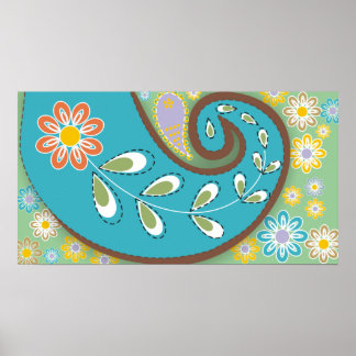 Retro turquoise paisley met bloemen poster