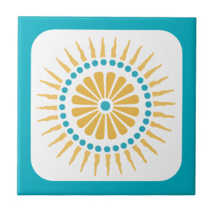 Retro Turquoise Sinaasappel Sunburst Tegel Tegeltje