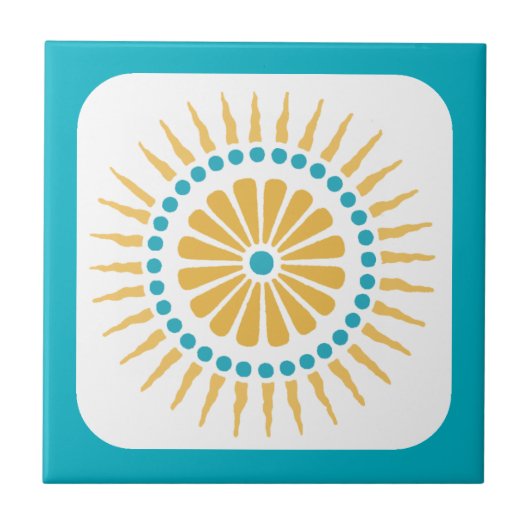 Retro Turquoise Sinaasappel Sunburst Tegel Tegeltje (Voorkant)