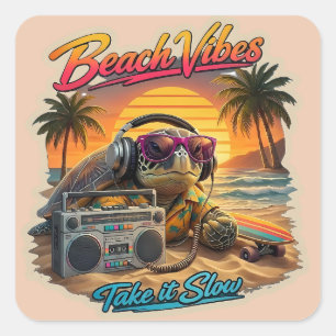 Retro Turtle Beach Sfeer - Koele Zomer Chill Grafi Vierkante Sticker
