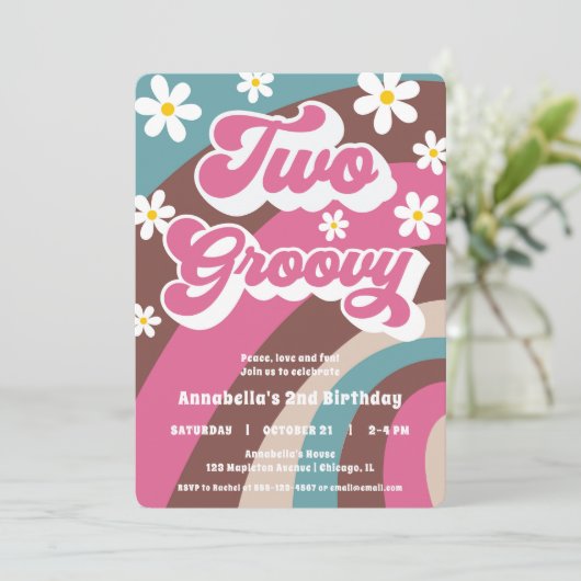 Retro TWEE groovy 2e verjaardag meisje roze blauwg Kaart (Staand voorkant)