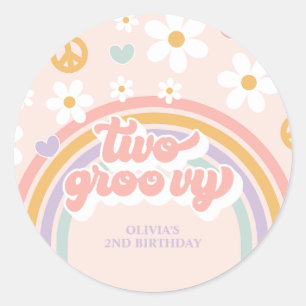 Retro Twee Groovy Meisje Regenboog 2e Verjaardag Ronde Sticker