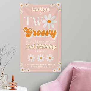 Retro Twee Groovy Meisjes 2e Verjaardag Welkom Spandoek