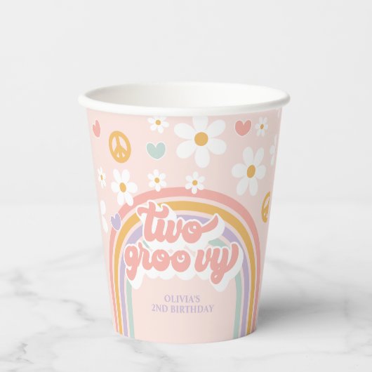 Retro Twee Groovy Rainbow 2E Verjaardag Papieren Bekers (Voorkant)