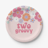 Retro Twee Groovy Roze Bloemen Papieren Bordje (Voorkant)