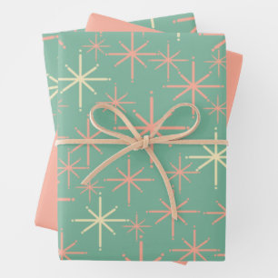 Retro Twinking Stars Patroonroze Blauwgroen Inpakpapier Vel