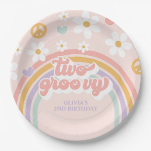 Retro Two Groovy Girl Regenboog 2de Verjaardag Papieren Bordje
