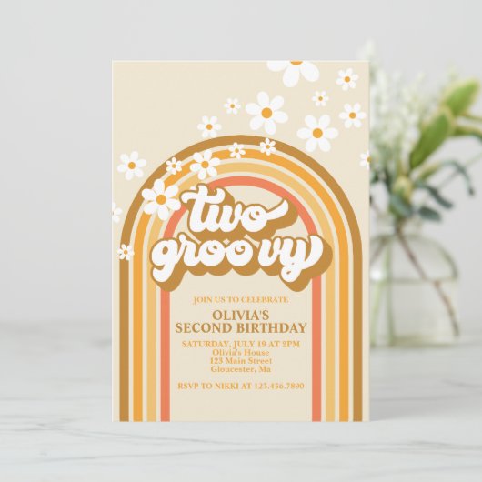 Retro Two GroovY Rainbow Brown Oranje Birthday Kaart (Staand voorkant)