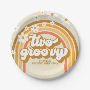 Retro Two GroovY Regenboog Bruin Oranje Verjaardag Papieren Bordje