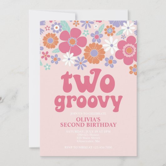 Retro Two Groovy Roze Bloemige Uitnodiging (Voorkant)