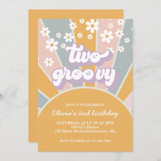 Retro Two Groovy Sunshine daisy paars Invitation Kaart (Voorkant / Achterkant)