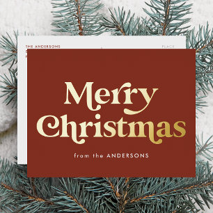 Retro Type Merry Kerstbruin en goud Folie Feestdagen Briefkaart