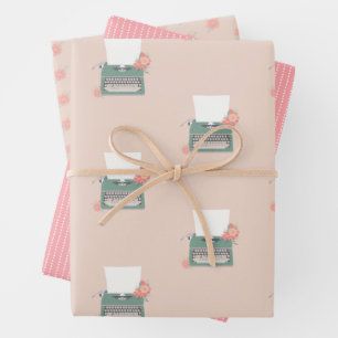 Retro  typemachine en bloemen inpakpapier vel