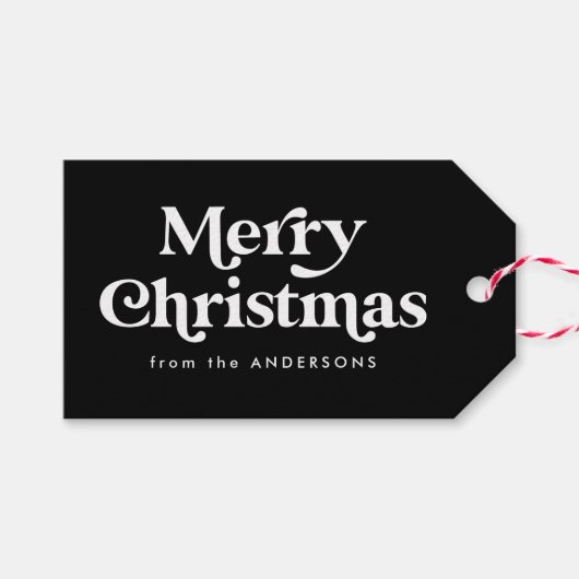 Retro Typografie Black en White Merry Kerstmis Cadeaulabel (Voorkant (Horizontaal))