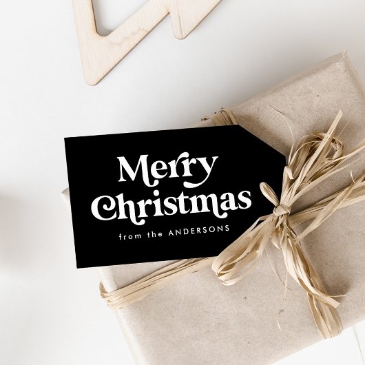 Retro Typografie Black en White Merry Kerstmis Cadeaulabel