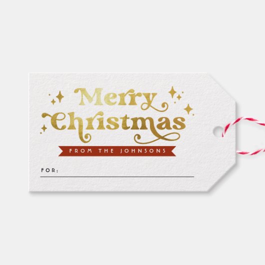 Retro Typografie Rood & Goud Groovy Vrolijk Kerstf Cadeaulabel (Voorkant (Horizontaal))
