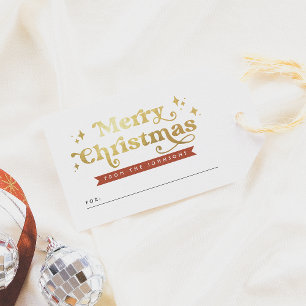 Retro Typografie Rood & Goud Groovy Vrolijk Kerstf Cadeaulabel